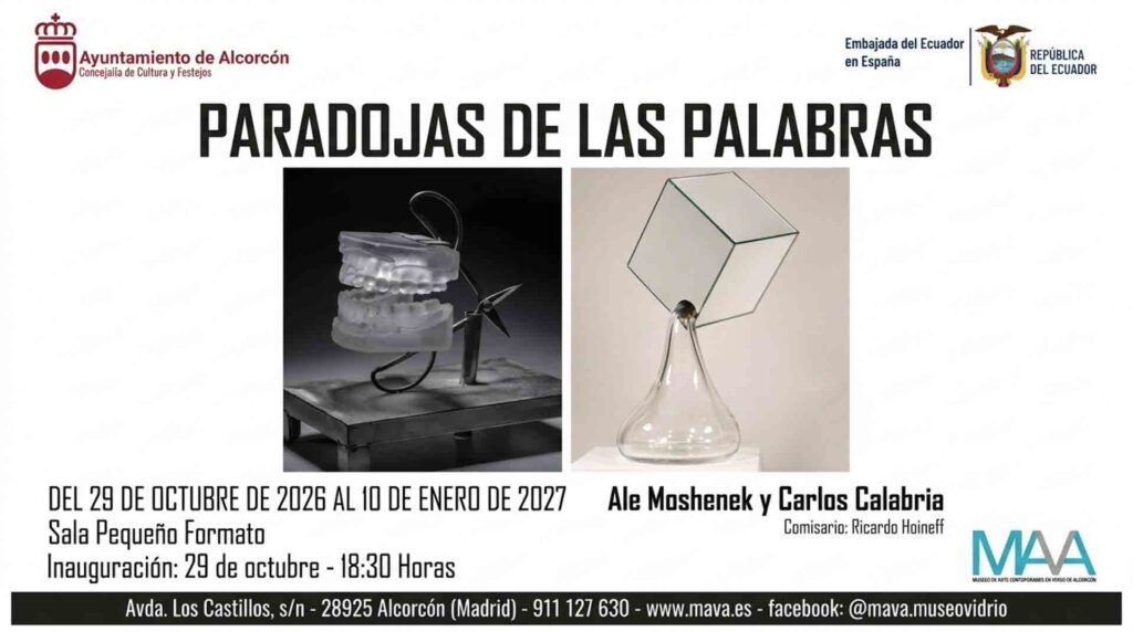Cartel horizontal de la exposicion Paradojas de las palabras de Ale Moshenek y Carlos Calabria en el MAVA Alcorcon.